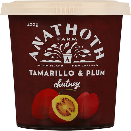 Jar of Anathoth Farm Tamarillo & Plum Chutney, showcasing a vibrant mix of tangy tamarillo and sweet plum flavors.