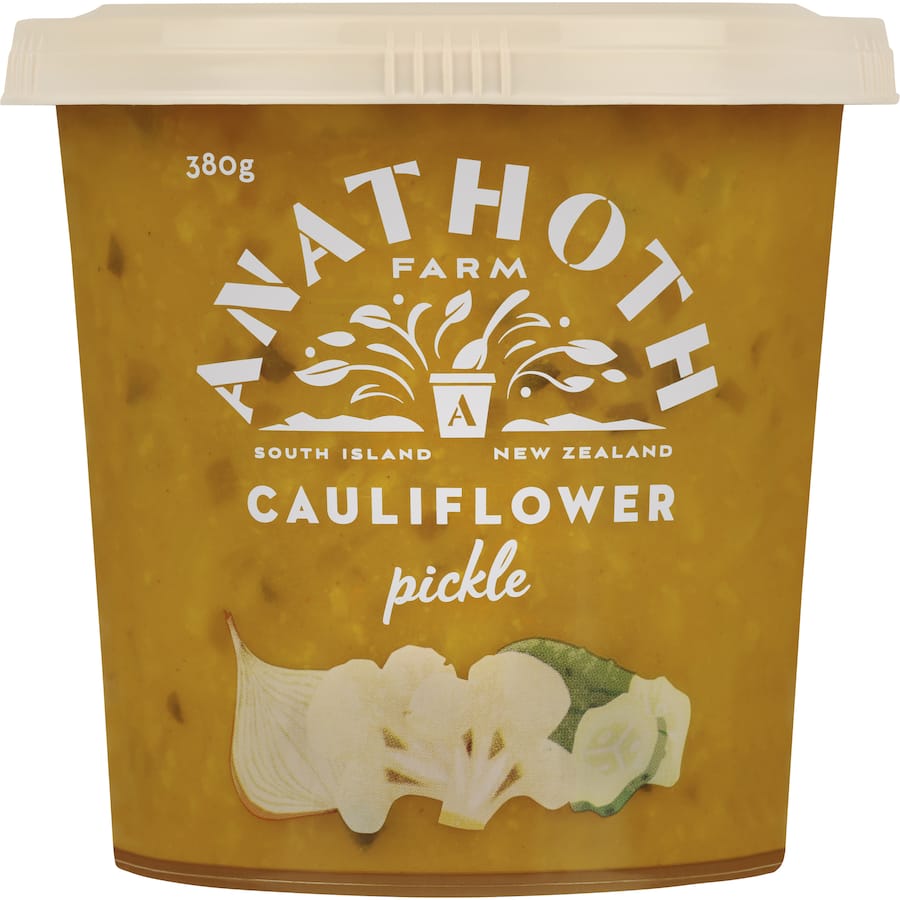 Tangy Anathoth Farm Cauliflower Pickle in eco-friendly jar, perfect for enhancing meals and snacks with fresh flavor.