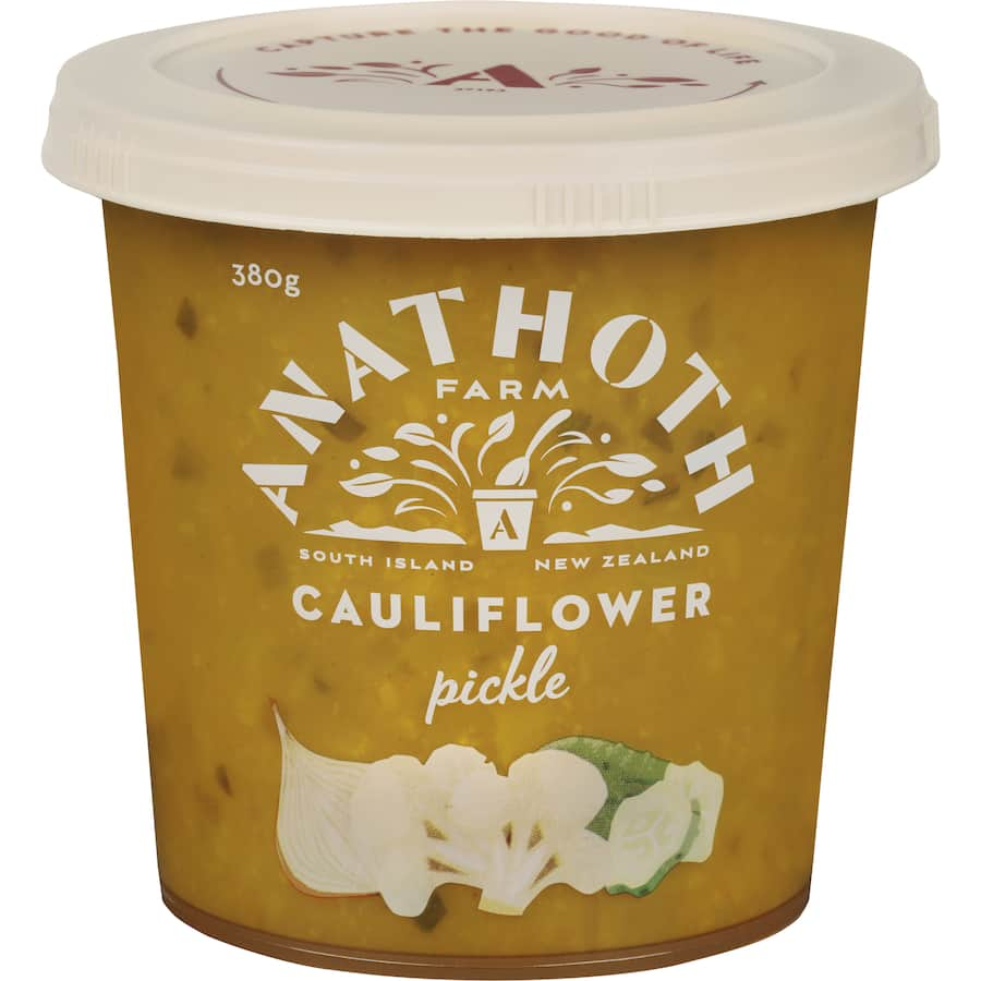 Tangy Anathoth Farm Cauliflower Pickle with aromatic spices, perfect for enhancing meals, snacks, and gourmet gifts.