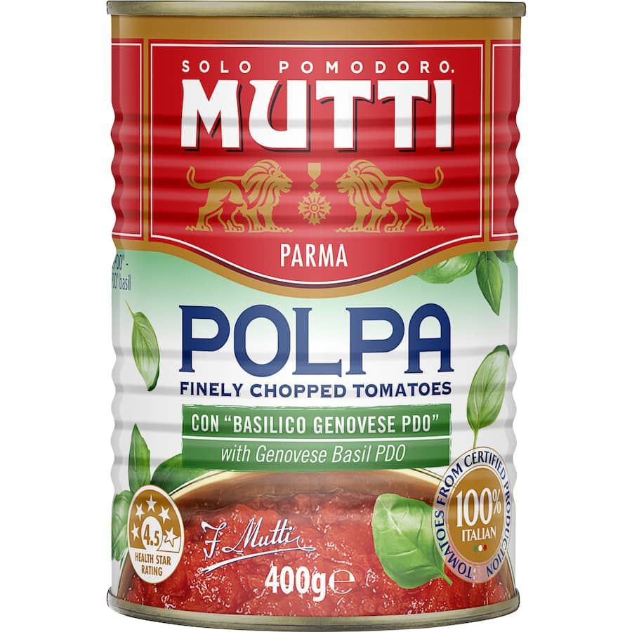 Chopped tomatoes with basil in a can, perfect for enhancing sauces, soups, and other Italian dishes.