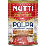 Chopped Mutti Polpa tomatoes with garlic, enhancing Italian dishes with rich flavor and natural sweetness.