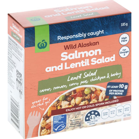 Woolworths Salmon with Lentil Salad: gourmet meal with salmon and lentils, rich in protein and fiber, perfect for busy lifestyles.