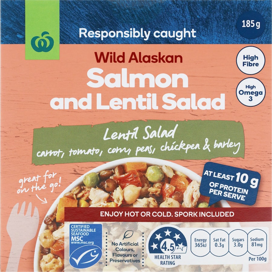 Tasty Woolworths Salmon with Lentil Salad in a convenient tin, rich in protein and fiber for a quick, healthy meal.