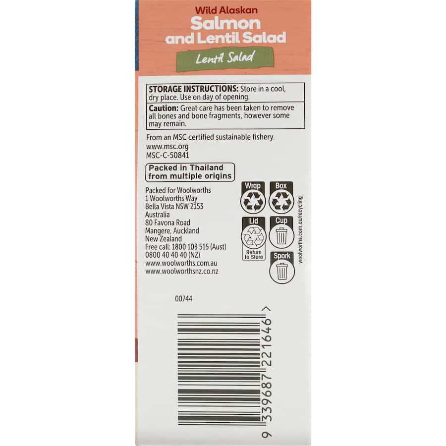 Delicious Woolworths Salmon with Lentil Salad in a tin, packed with protein-rich salmon and hearty lentils for a nutritious meal.