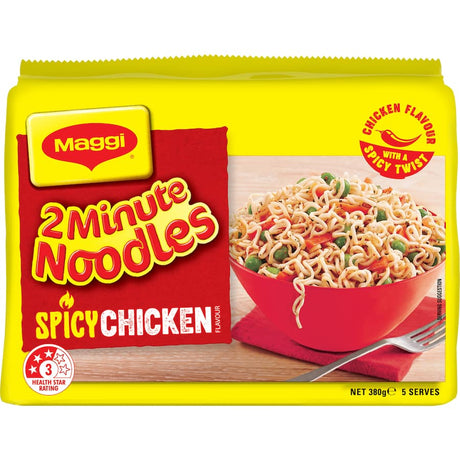 Maggi Instant Noodles Spicy Chicken Multi Pack: Quick, flavorful 2-minute noodles perfect for a delicious, spicy meal anytime.