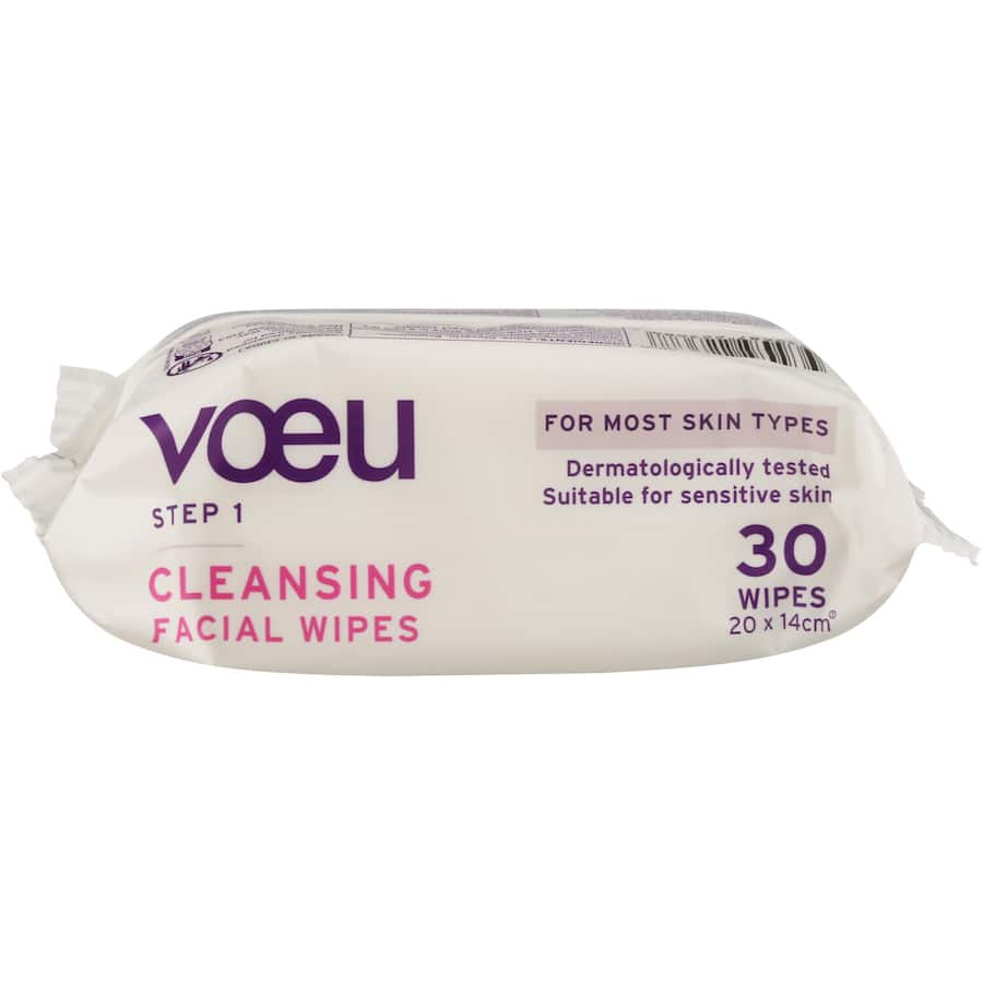 Biodegradable Voeu Cleansing Wipes for all skin types, infused with aloe vera for on-the-go freshness and hygiene.