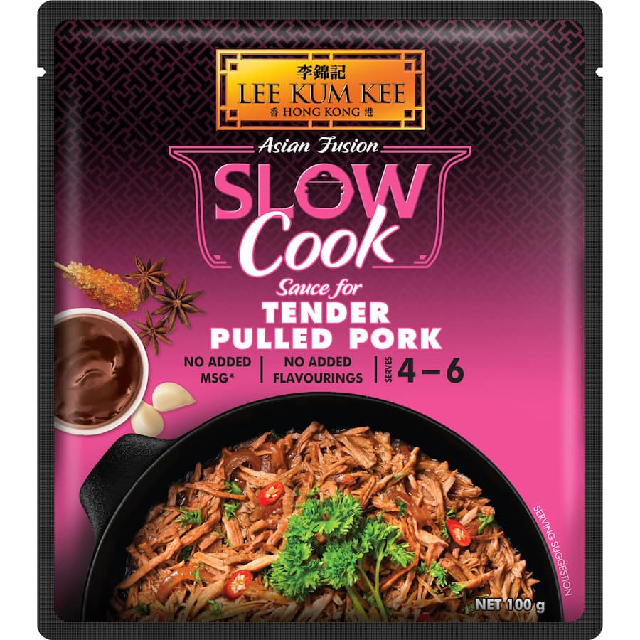 Lee Kum Kee Slow Cook Recipe Base for Tender Pulled Pork, perfect for sweet and smoky flavored dishes serving 4-6 people.