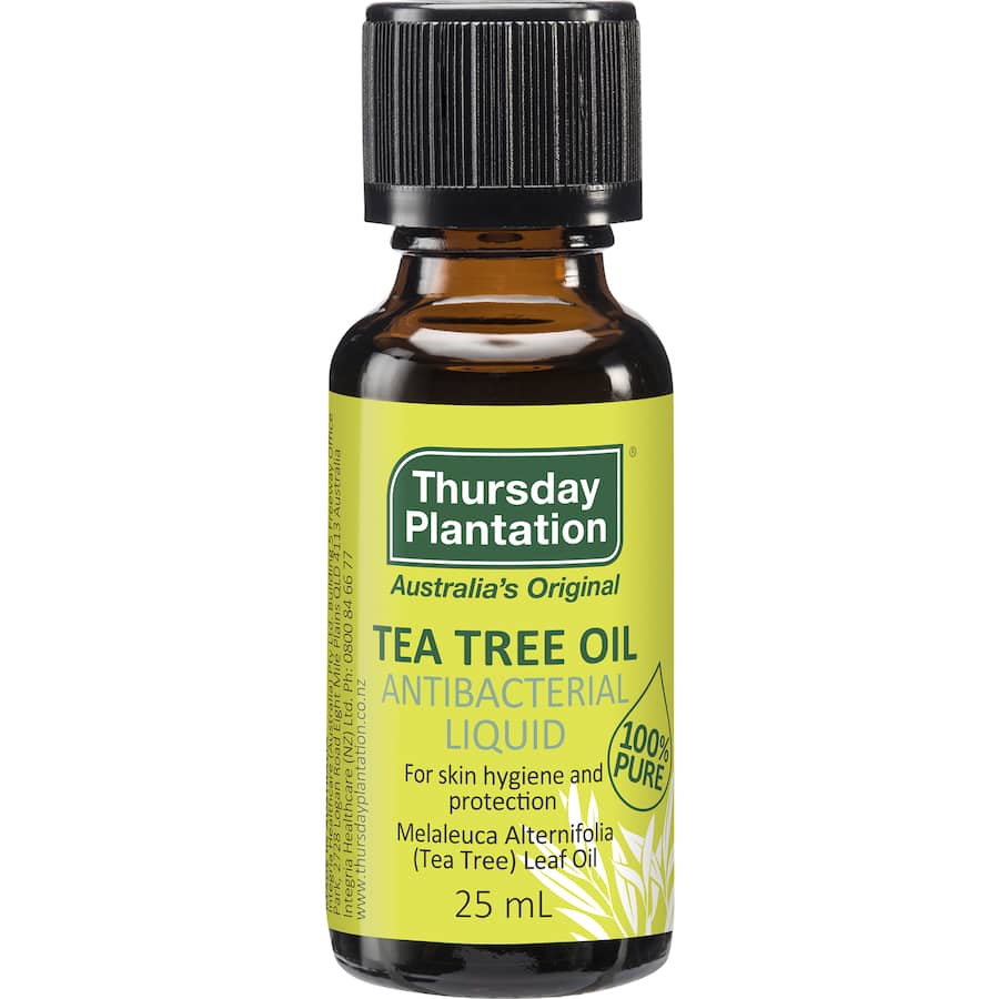 Thursday Plantation Tea Tree Oil Original bottle, 100% pure antibacterial oil for skin hygiene and irritation relief.