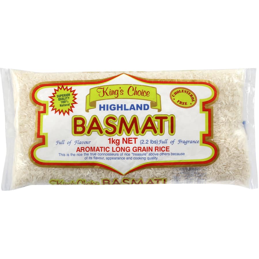 Aromatic long-grain Kings Choice Basmati Rice White, known for its rich flavor and fluffy texture, ideal for gourmet dishes.