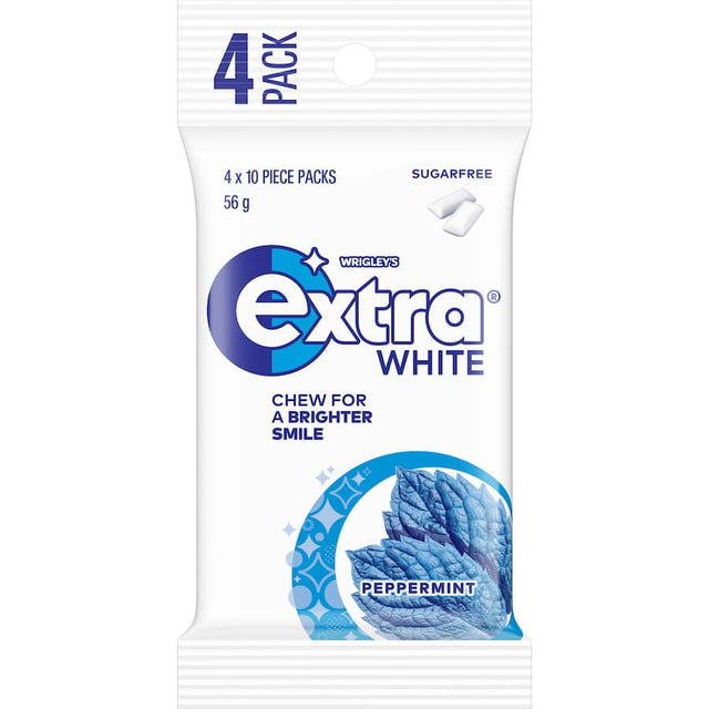 Wrigley's Extra White Sugar Free gum pack featuring 40 peppermint pieces, promoting oral health and fresh breath on-the-go.