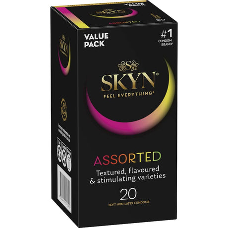 Skyn Condoms Assorted pack of 20 offers non-latex variety for enhanced pleasure with textures and flavors, featuring soft, natural fit.