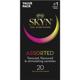 Assorted Skyn condoms featuring soft non-latex material, textured options, and flavored varieties for enhanced pleasure.