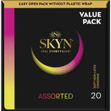 Skyn Condoms Assorted pack features 20 non-latex condoms with various textures and flavors for enhanced pleasure.