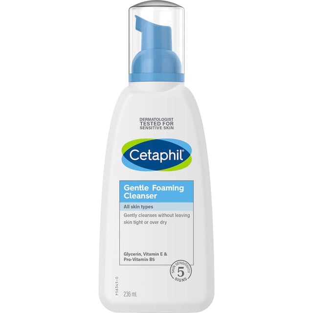 Gentle foaming cleanser for all skin types, removing dirt and makeup without drying, leaving skin refreshed and hydrated.