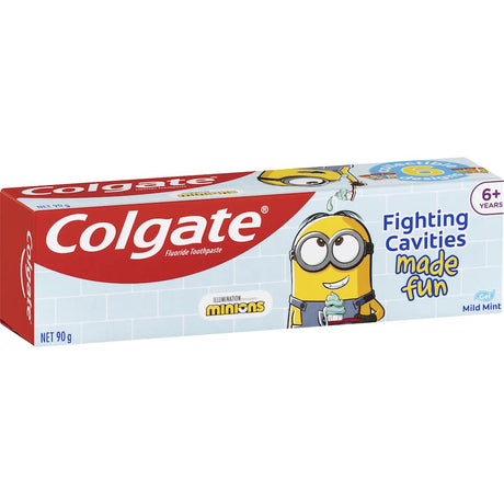 Colgate Kids Minions Mild Mint Gel toothpaste for ages 6+, with cavity protection and fun Minions design for enjoyable brushing.