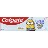 Colgate Kids Minions Toothpaste in mild mint gel, designed for ages 6+, offers cavity protection with fun Minions characters.