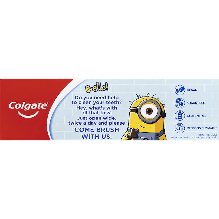 Colgate Kids Minions Toothpaste for ages 6+, mild mint gel with cavity protection, making brushing fun and enjoyable.