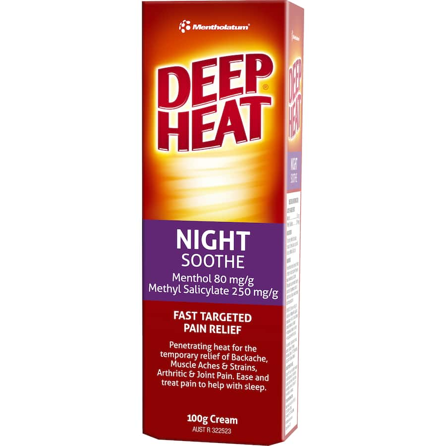 Deep Heat Muscular Rub Night Soothe Cream for soothing muscle relief and relaxation, ideal for bedtime recovery.