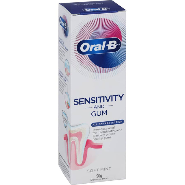 Oral B Toothpaste Sensitivity in Soft Mint, designed for sensitive teeth, provides soothing relief and strong cavity protection.