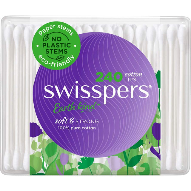 Swisspers Cotton Buds with 100% pure cotton tips and stiff paper stems for versatile, eco-friendly precision use.