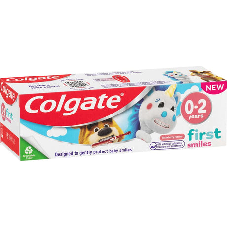 Gentle strawberry-flavored toothpaste for infants 0-2 years, protecting precious first smiles with fluoride and no artificial additives.