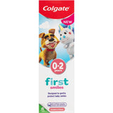Gentle strawberry-flavored toothpaste for infants 0-2 years, featuring fluoride for cavity protection and no artificial additives.