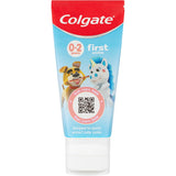 Colgate Kids Baby Toothpaste in strawberry, safe for 0-2 years, protects first teeth with fluoride, 50mL size.