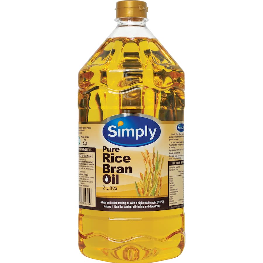 Simply Rice Bran Oil: a healthy, versatile cooking oil rich in antioxidants and perfect for high-heat sautéing, frying, or baking.