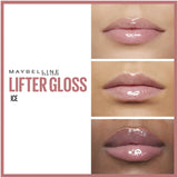 Maybelline Lifter Gloss in Ice, a hydrating lip gloss with hyaluronic acid for high shine and fuller-looking lips.