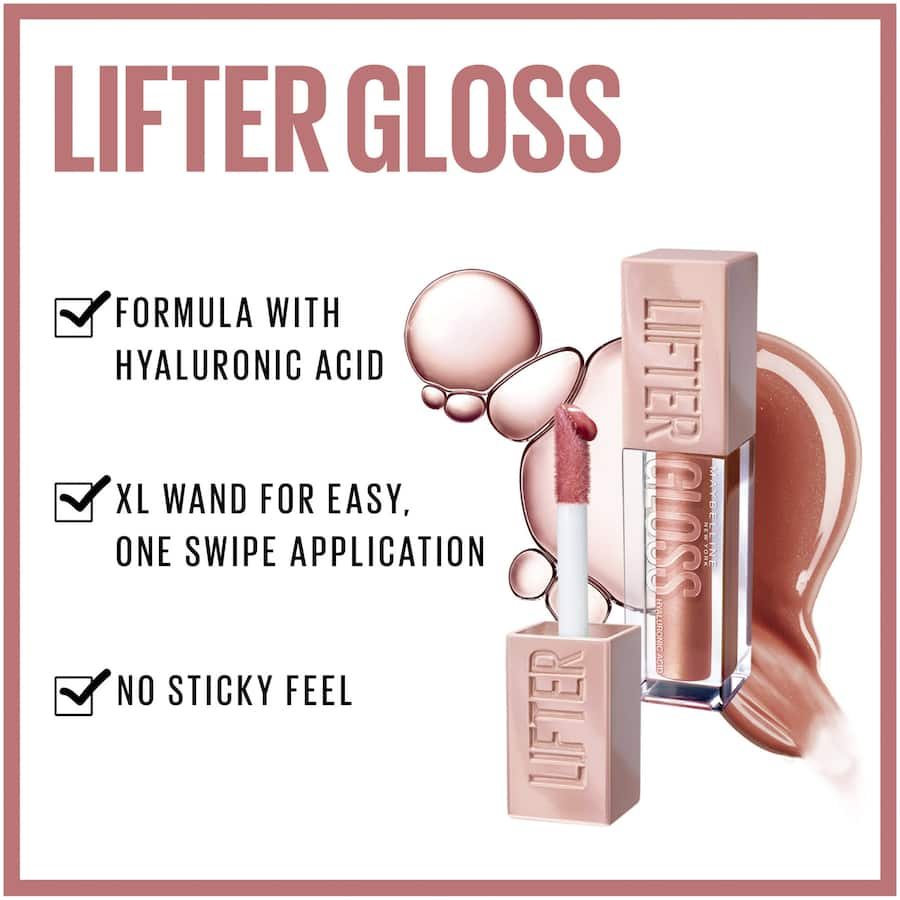 Maybelline Lifter Gloss in Ice: hydrating, high-shine lip gloss with hyaluronic acid for fuller-looking lips.