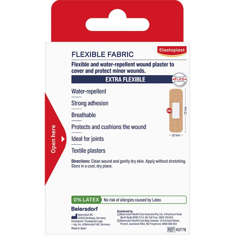 Elastoplast Flexible Fabric Strips: breathable, water-repellent plasters for comfortable protection of minor wounds.