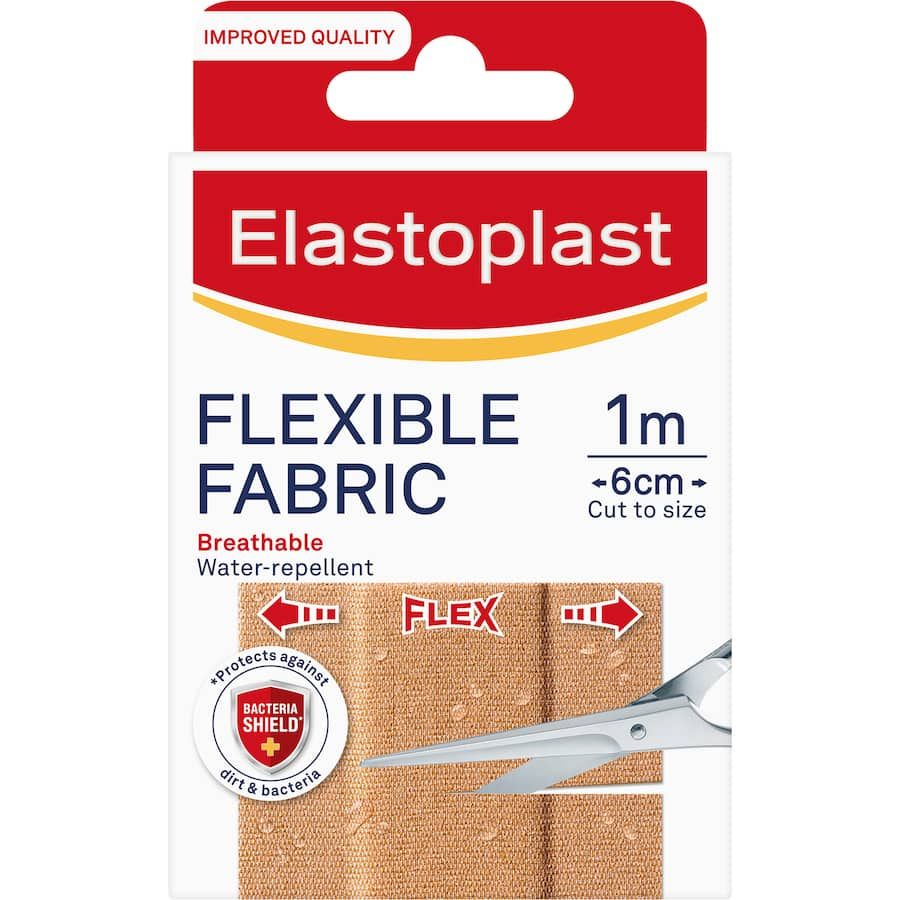 Elastoplast Flexible Fabric Plasters 1m, breathable, water-repellent, cut-to-size for effective wound protection.