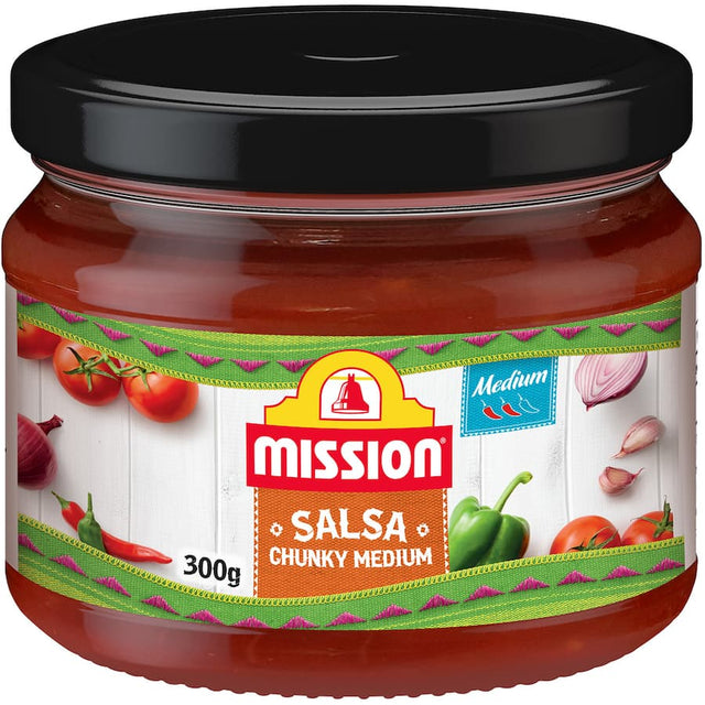 A jar of Mission Salsa Medium Chunky filled with vibrant ingredients like tomatoes and jalapeños, perfect for dipping or topping.