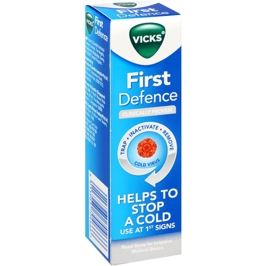 Vicks First Defence micro-gel device for early cold symptom relief, trapping, inactivating, and removing viruses.