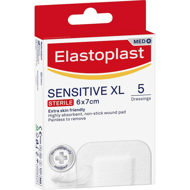 Extra-large, skin-friendly Elastoplast Sensitive Dressings for optimal comfort and protection of larger wounds on sensitive skin.