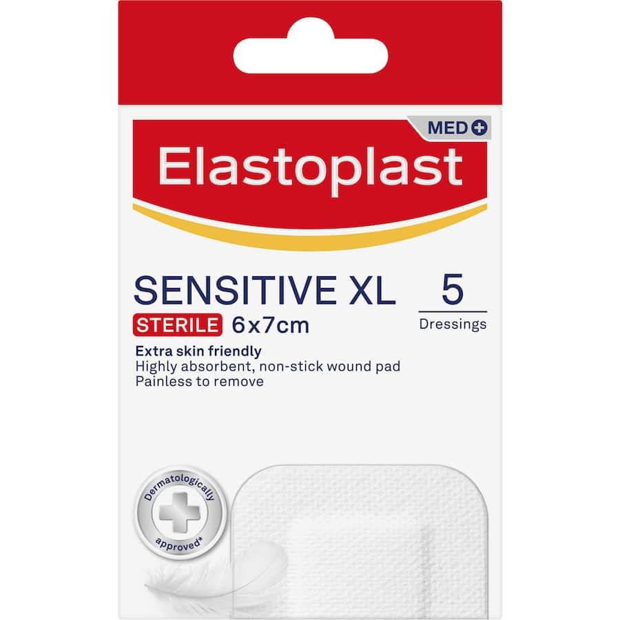 Elastoplast Sensitive XL Dressings: Extra-large, breathable plasters for larger wounds, designed for sensitive skin, with strong adhesion.