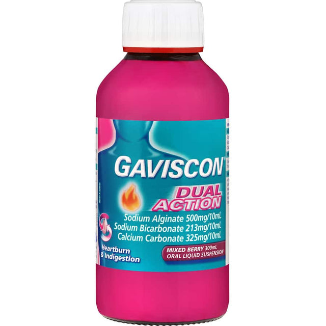 Gaviscon Dual Action Liquid in Mixed Berry flavor offers quick relief from heartburn and indigestion with dual-action effectiveness.