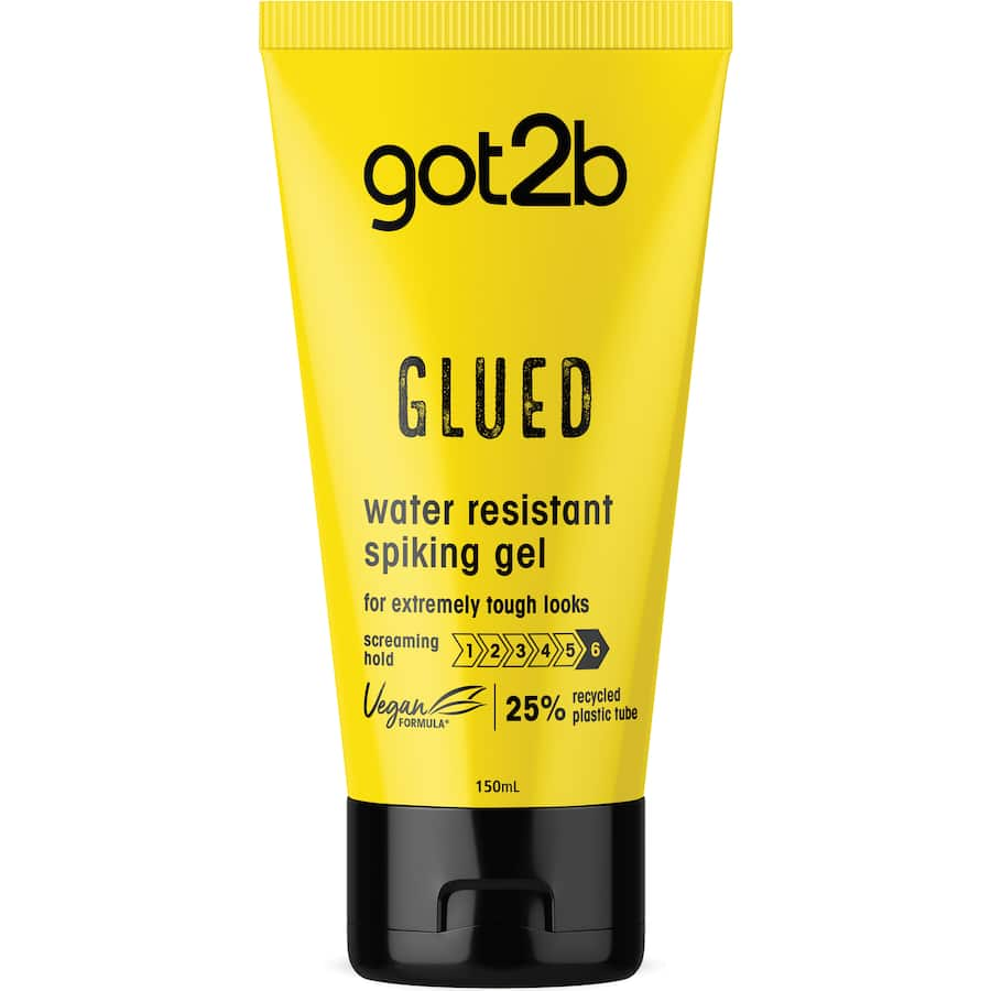 Got2b Hair Gel Glued Water Resistant: powerful hold spiking glue for gravity-defying hairstyles that last until the next shampoo.