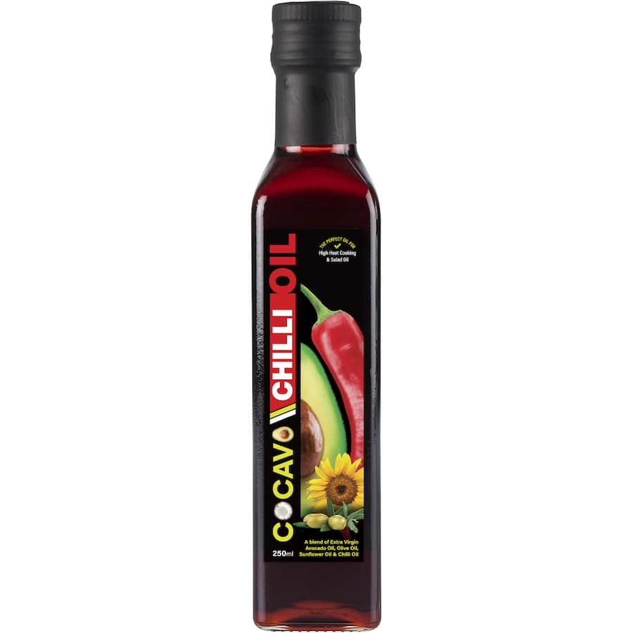 Cocavo Chilli Oil bottle featuring a blend of oils and chillies, perfect for enhancing flavor in various dishes.