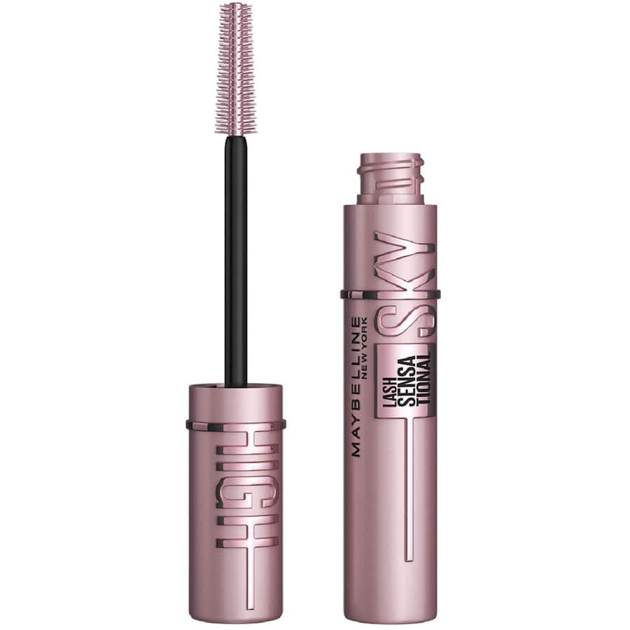 Maybelline Lash Sensational Sky High Mascara in Blackest Black, featuring a flexible brush for volume and length without clumping.