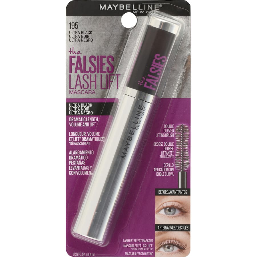 Maybelline The Falsies Lash Lift Mascara with a double-curved brush for lifted, volumized, and long-lasting lashes.