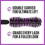 Close-up of Maybelline The Falsies Lash Lift Volumising Mascara in Ultra Black, showcasing its double-curved brush for dramatic lash elevation.