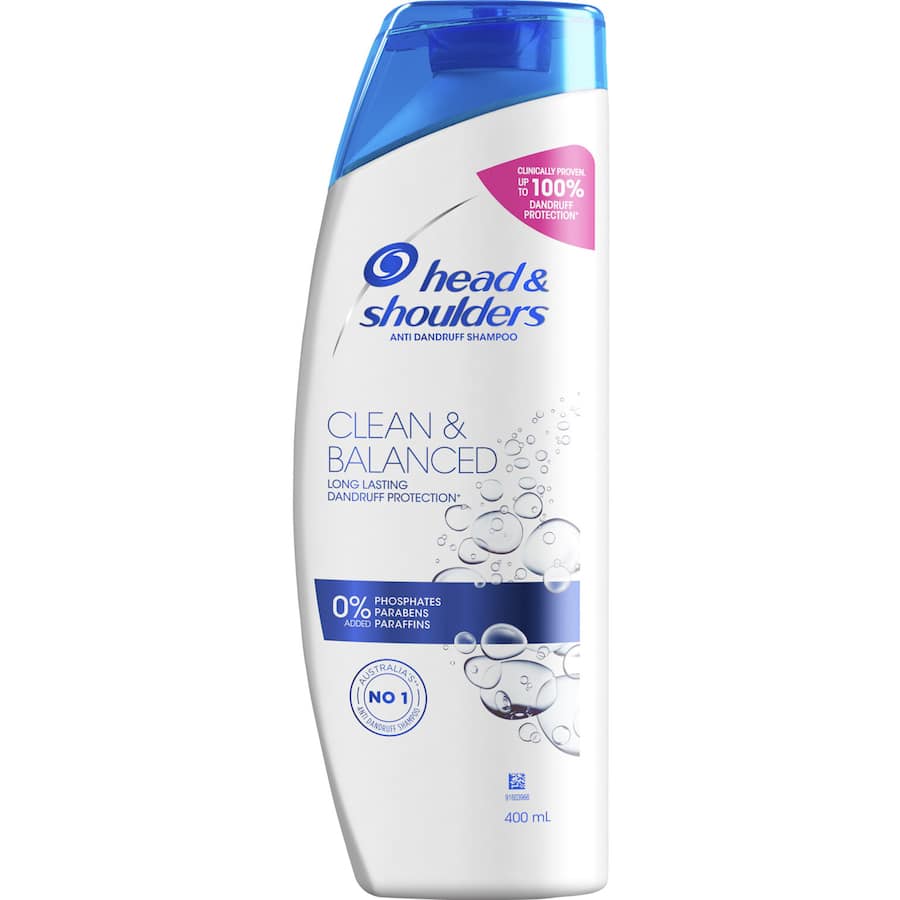 Head & Shoulders Clean & Balanced Shampoo bottle, designed for dandruff relief and a healthy scalp with a pH balanced formula.