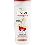 L'Oréal Paris Elvive Total Repair 5 Shampoo for damaged hair, targets five issues with pro-keratin and ceramides for revitalized strands.