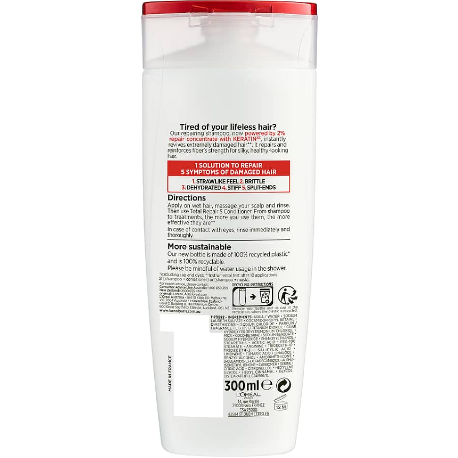 L'Oréal Paris Elvive Total Repair 5 Shampoo revitalizes damaged hair with pro-keratin and ceramides for silky, healthy strands.