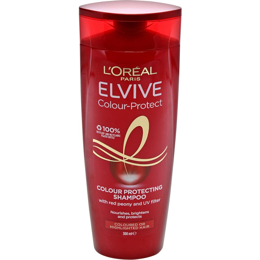 L'Oreal Paris Elvive Colour Protect Shampoo bottle, designed to nourish and protect color-treated hair while enhancing shine.