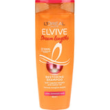 L'Oreal Paris Elvive Dream Lengths Shampoo in a sleek bottle, designed for long, damaged hair repair with keratin and castor oil.