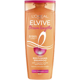 L'Oreal Paris Elvive Dream Lengths Shampoo for long, damaged hair, enriched with keratin and castor oil for deep repair.