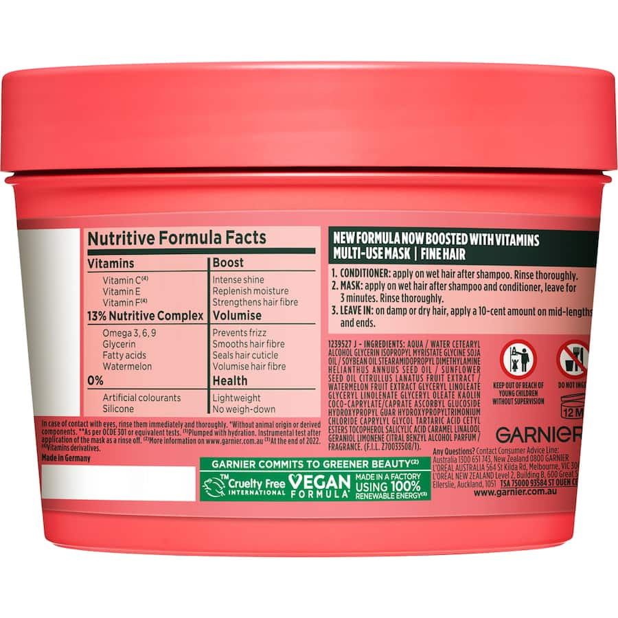 Garnier Fructis Watermelon Hair Food is a volumizing 3-in-1 mask, enriched with vitamins for plump, shiny, and healthy hair.