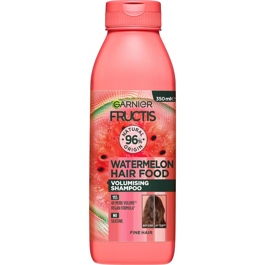 Garnier Fructis Watermelon Shampoo for fine hair, hydrates deeply, 4X plumped effect, vegan and cruelty-free formula.